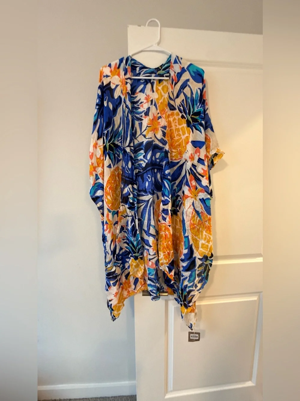 Tropical Pineapple Print Kimono Cover-Up - Blue & Yellow